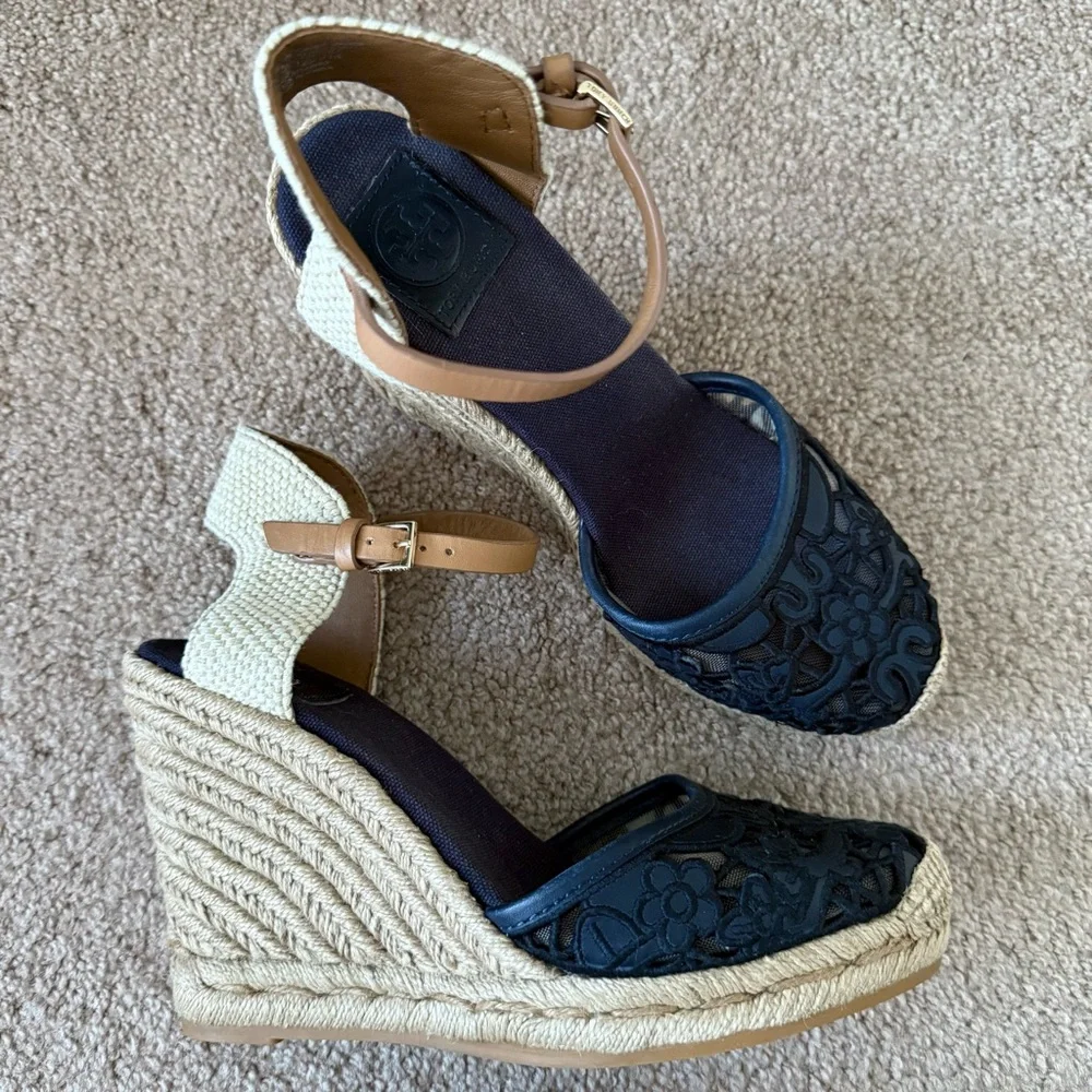 Tory Burch Lucia Lace Wedge Espadrilles Ankle Strap